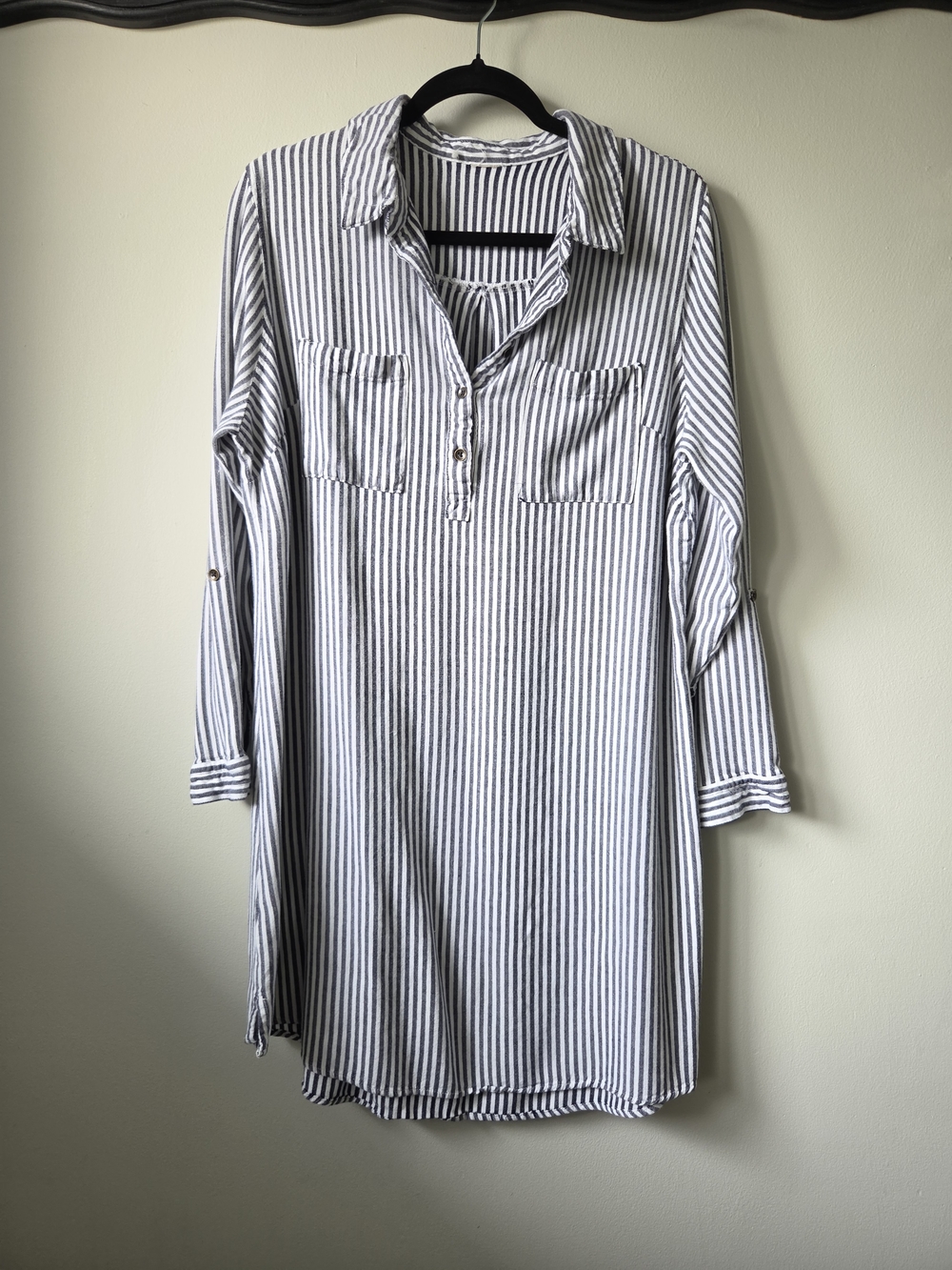 Striped Long-Sleeve T-shirt Dress - White & Navy